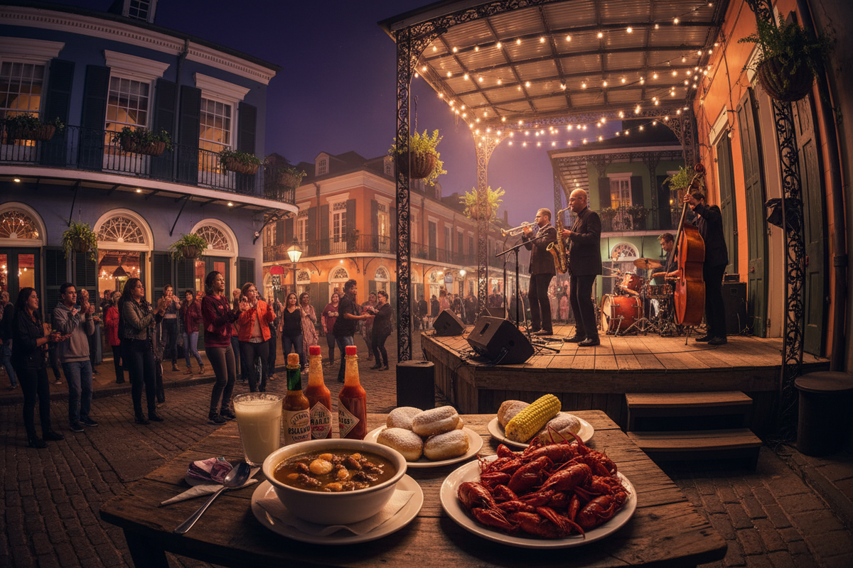New Orleans and some musicians playing instruments in New Orleans. An audience watching them and enjoying themselves.