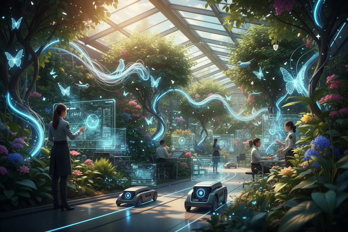 Uncover proven methodologies and best practices for modern security teams. Optimize your daily incident response and detection workflows: Show it as a daytime bright fiber optic garden integrating plants, animals, people, and machines.