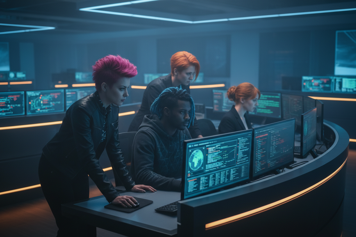 Photo-realistic picture of people with pink hair in Security Operations center. Blue, orange, and ginger hair too. Hard working, focused, dedicated, professional, careful but also bold and stylish.