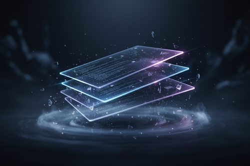 Three floating transparent rectangular panels with glowing blue and purple edges, layered above a circular light effect on a dark abstract background.