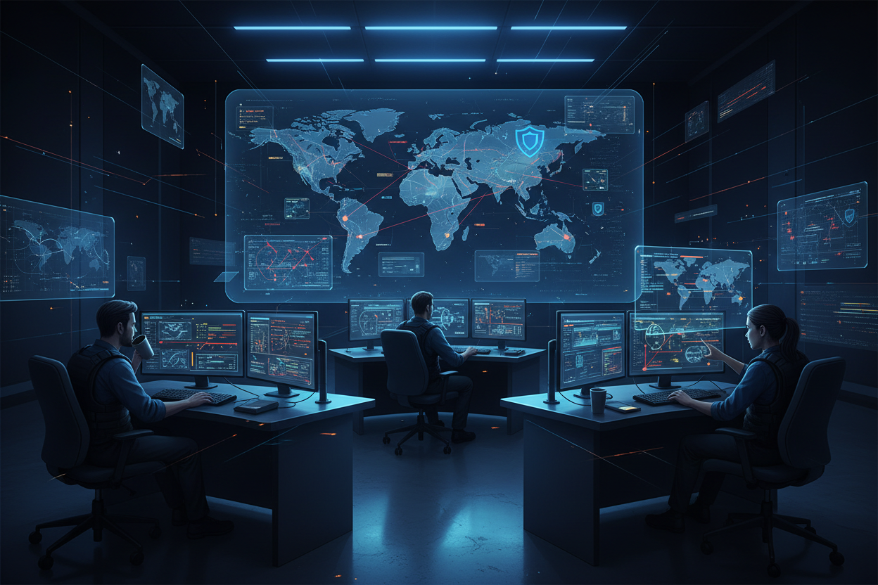 A futuristic dark control room with three people seated at desks in front of multiple illuminated computer monitors and a large holographic world map display on the wall.
