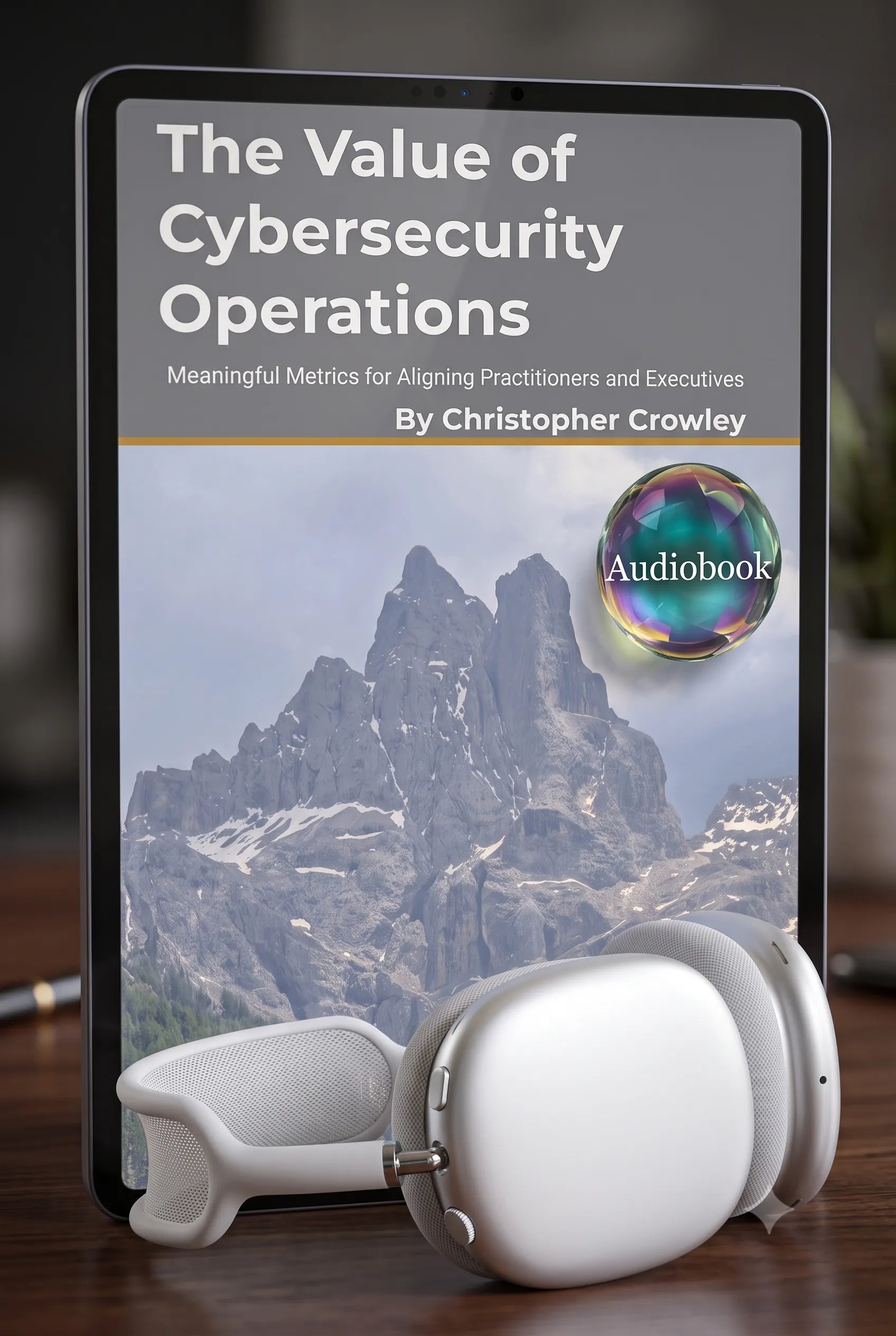 A digital audiobook cover for 'The Value of Cybersecurity Operations' by Christopher Crowley, displayed on a tablet screen with white over-ear headphones in the foreground on a wooden surface.