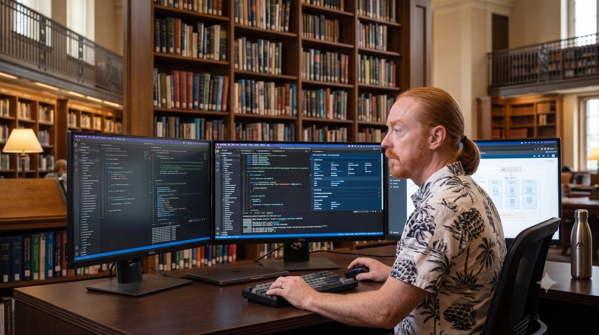 An AI version of Christopher Crowley, short ponytail and Hawaiian shirt, working on a 3-monitor array in a library-like office.