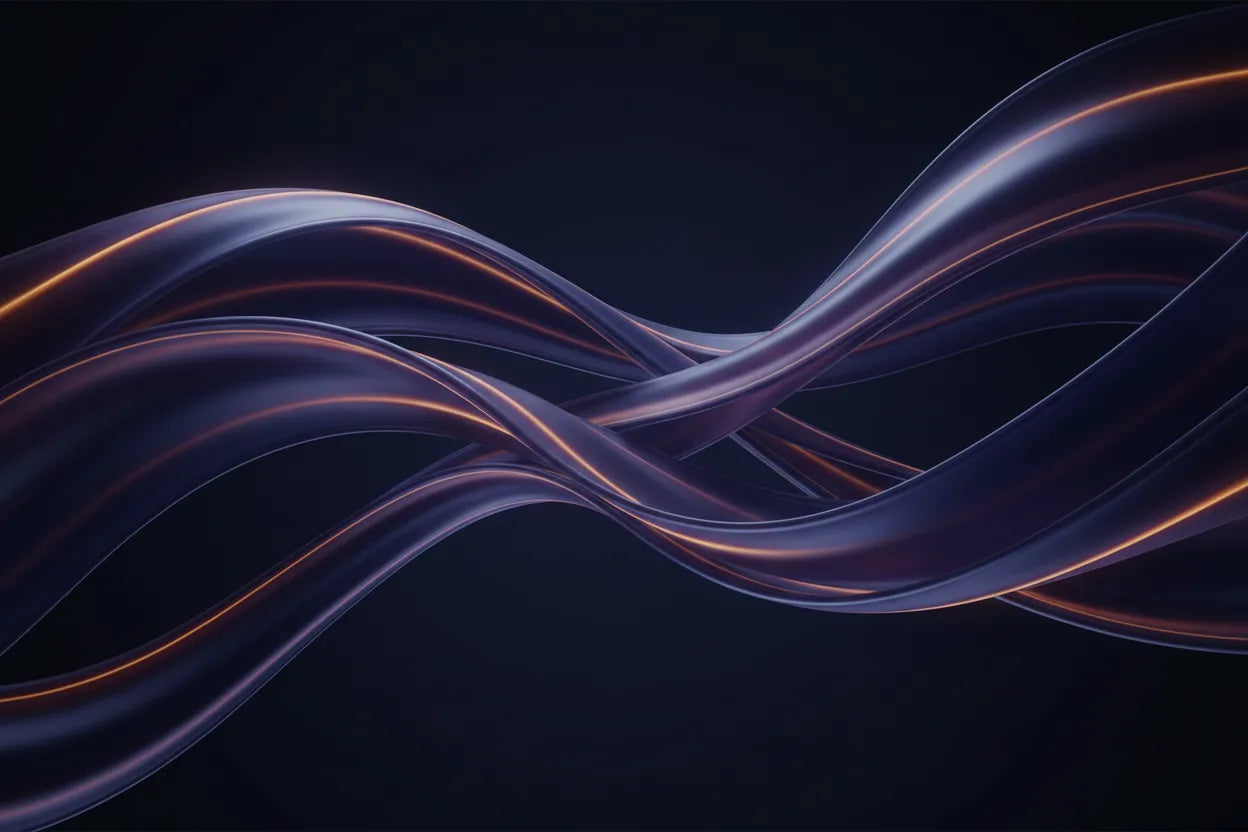 Abstract digital artwork featuring flowing translucent ribbons in deep navy and purple with glowing orange highlights against a dark background.