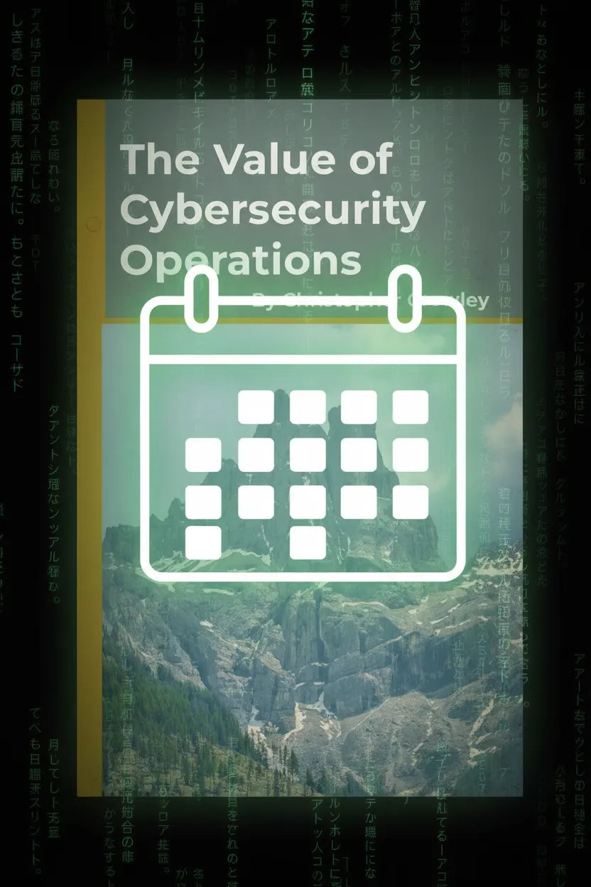 Book cover of 'The Value of Cybersecurity Operations' with a mountain and calendar overlay, indicating the webcast series