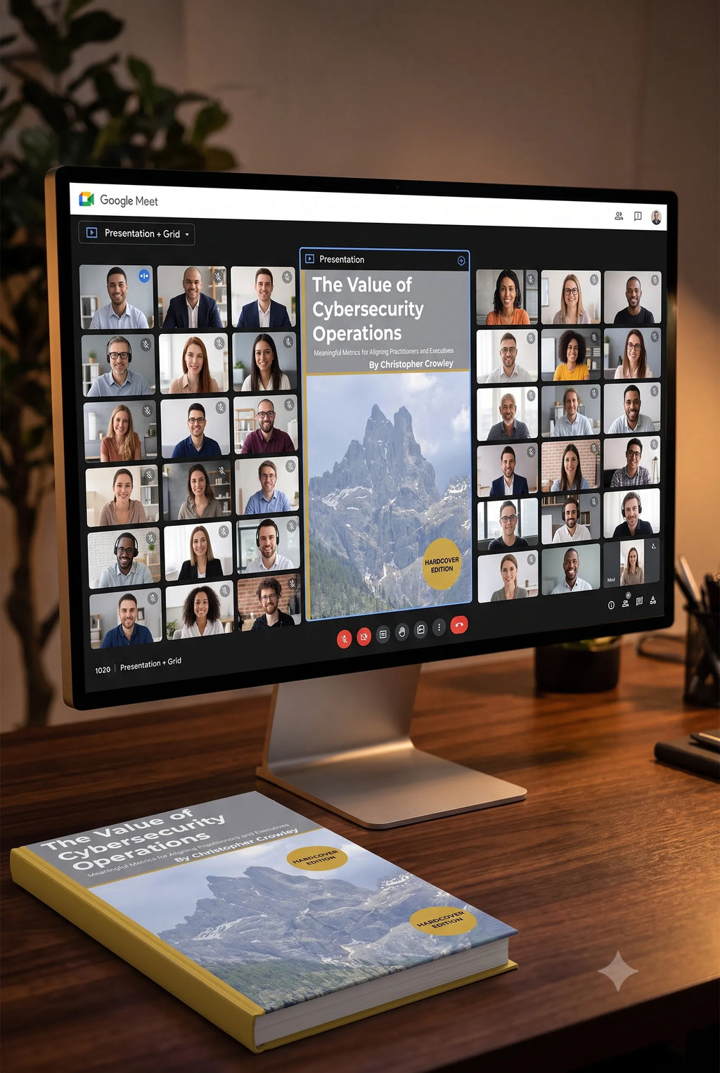 A computer monitor on a wooden desk shows a virtual meeting with multiple participants and a presentation titled "The Value of Cybersecurity Operations" by Christopher Crowley. A matching book with a yellow cover lies in front of the monitor on the desk.